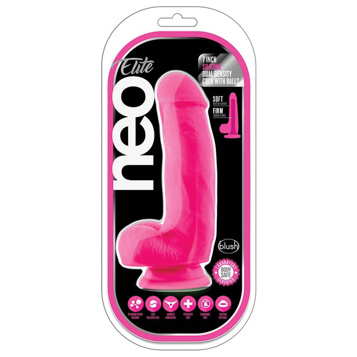 Neo Elite Silicone Dual Density Cock with Balls-Neon Pink 7"