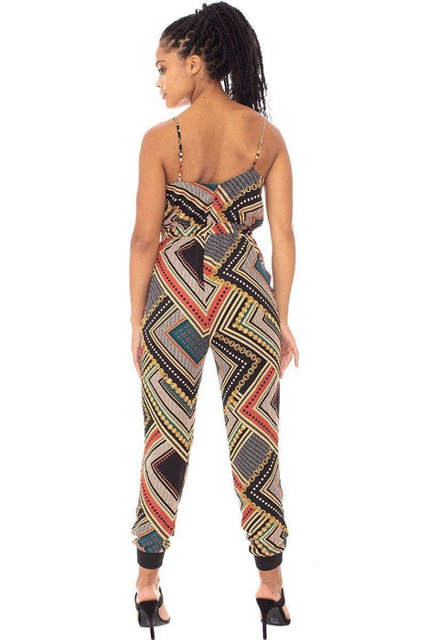 Boarder Print Wrap Drawstring Waist Jumpsuit