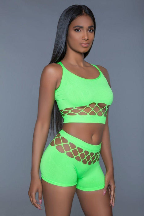 2 pc silk fishnet set that includes a tank crop top with criss-cross cami straps and a pair of high waisted booty shorts.