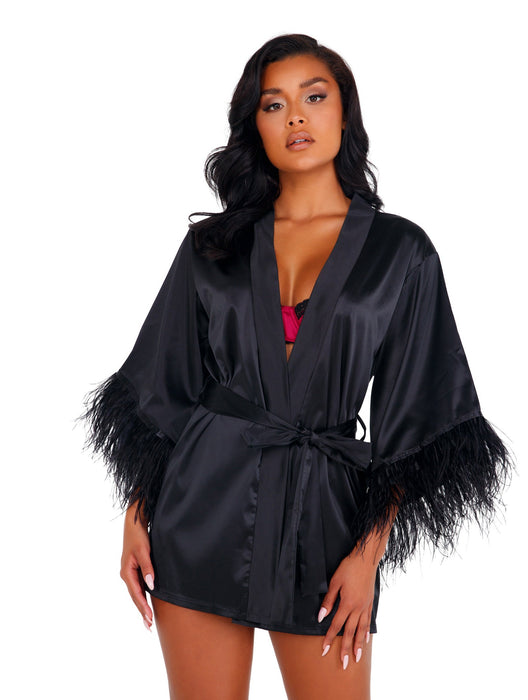 Sophia Soft Satin Robe with Ostrich Feathered Trim