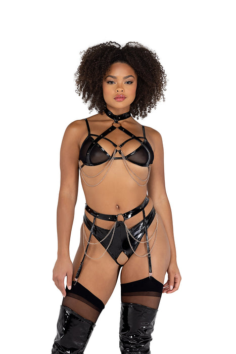 LI507 - 2PC Vinyl & Chain Crotchless Bra Set