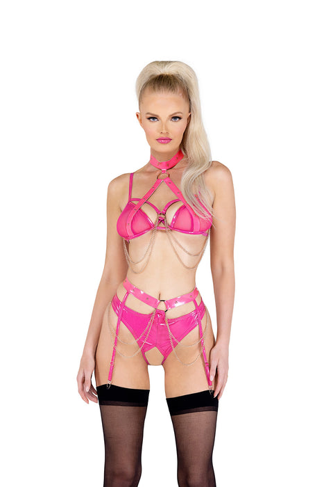 LI507 - 2PC Vinyl & Chain Crotchless Bra Set