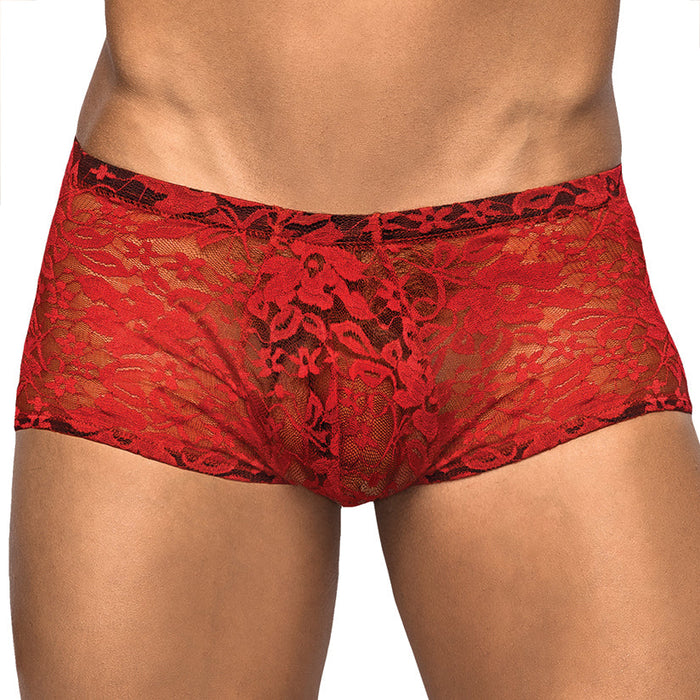 Male Power Stretch Lace Mini Short-Red Medium