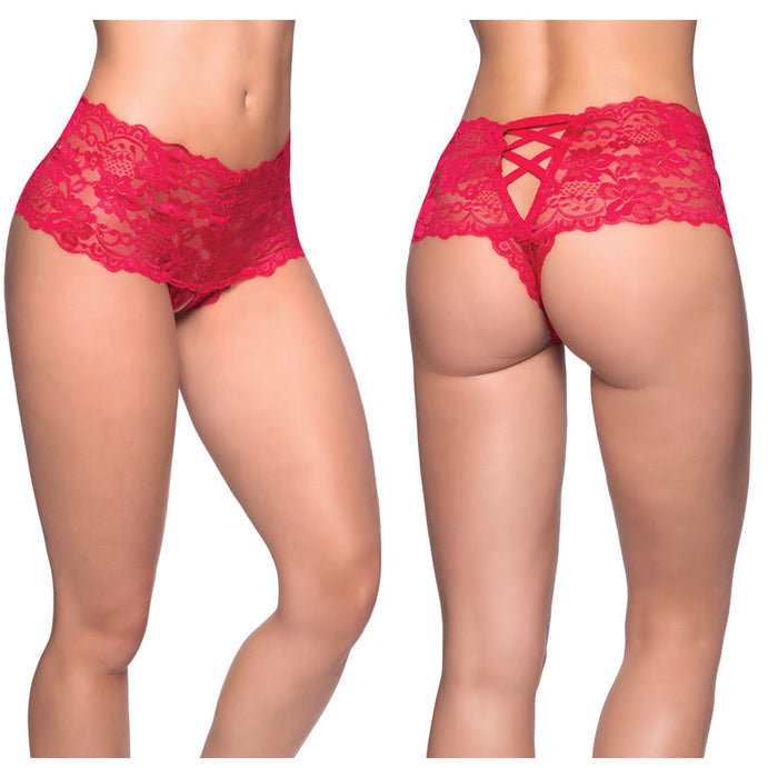 Crotchless Lace Boyshort - Small/ Medium - Red