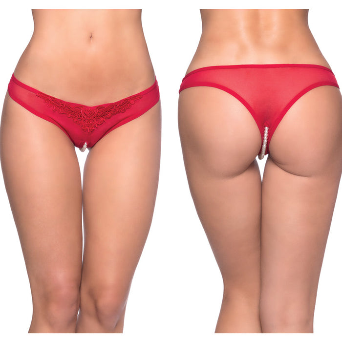 Crotchless Thong With Pearls - One Size - Red