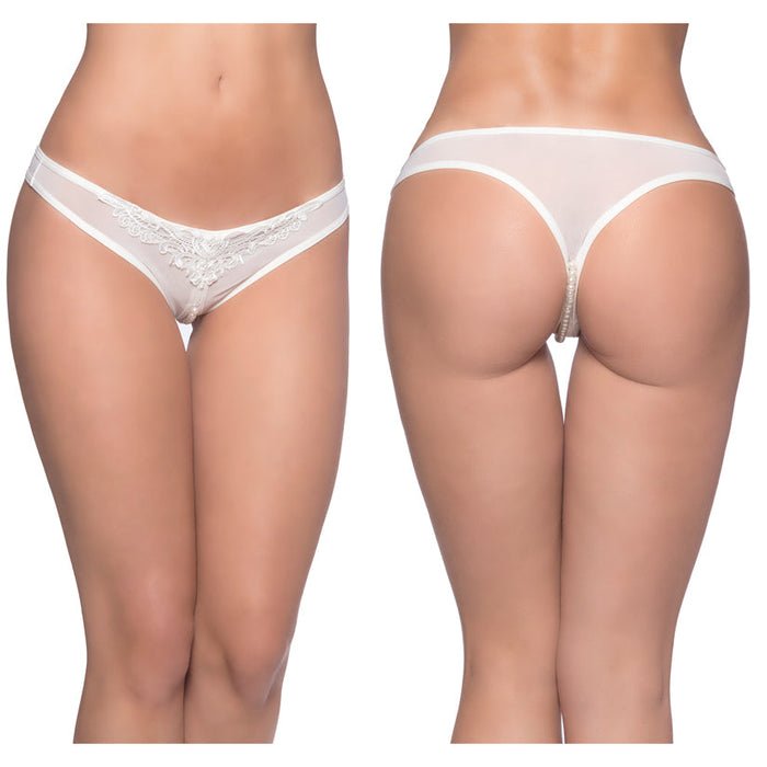 Crotchless Thong With Pearls and Venise Detail - White - One Size