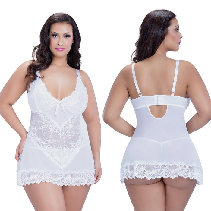 Valentine Lacey Babydoll With G-String-White Small