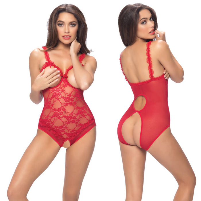 Lace Open Cup Crotchless Teddy - One Size - Red