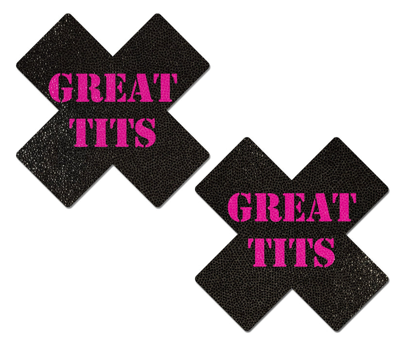 Plus X: Black with Pink 'Great Tits' Cross Nipple Pasties