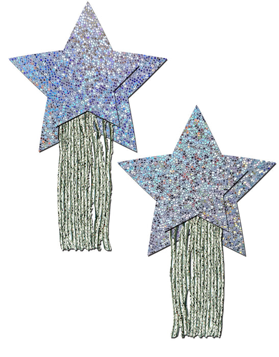 Star: Tassel Pasties Silver Glitter Star Pastease with Fringe Nipple Pasties