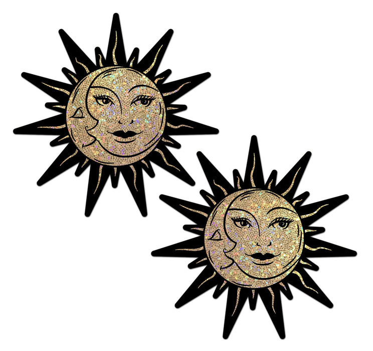 Sunburst: Sun & Moon Faces on Gold Glitter Sun Nipple Pasties
