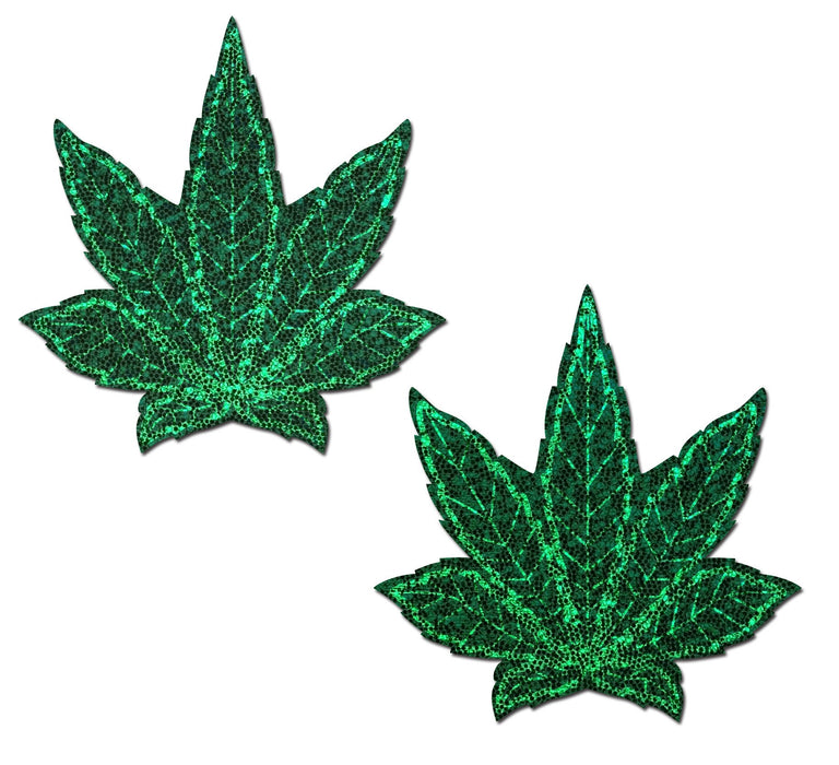 Indica Pot Leaf: Glitter Green Weed Nipple Pasties by Pastease®